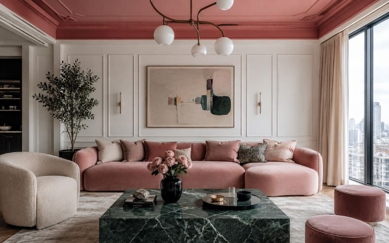 Green marble and pink velvet living room