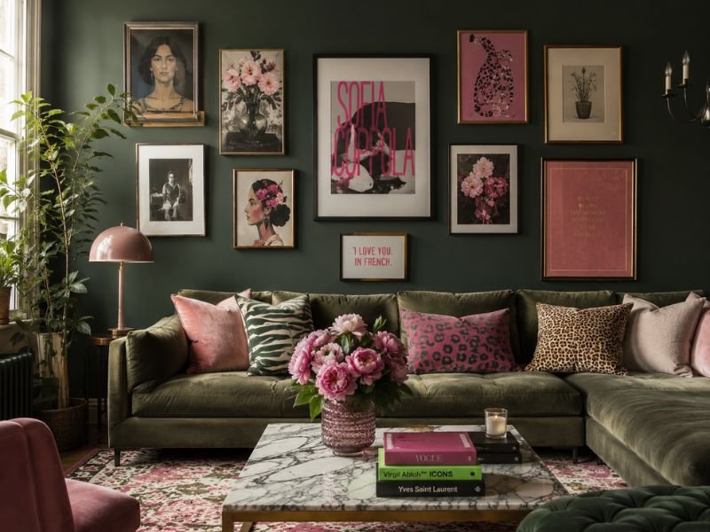 Maximalist pink and green gallery wall