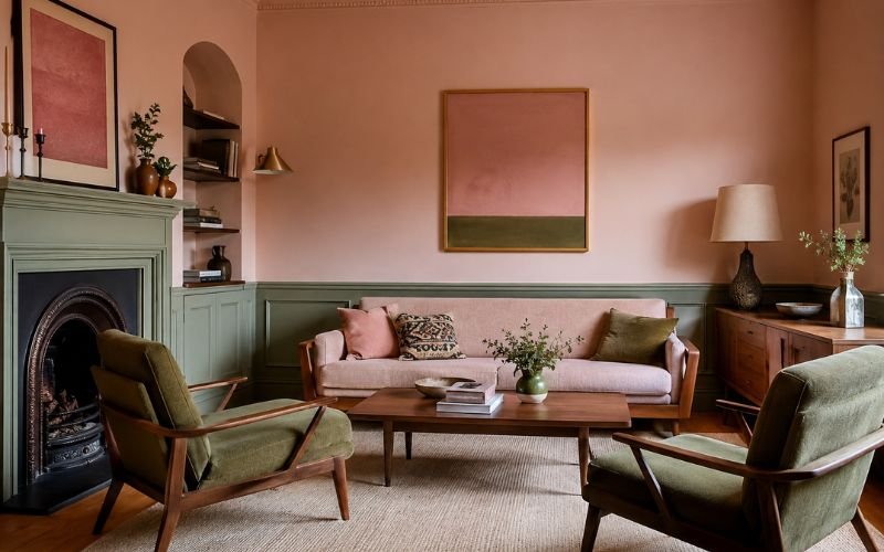 Mid-century modern pink and green living room