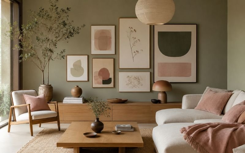 Japandi pink and green living room