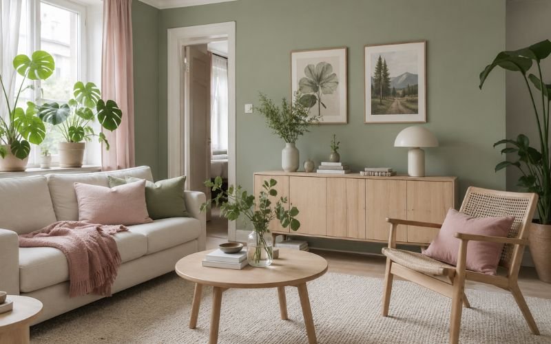 Scandinavian pink and green living room