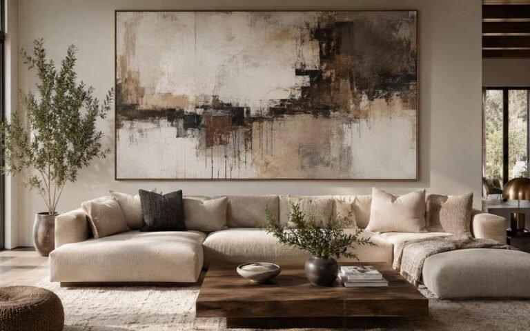 Oversized abstract wall art creating a stylish feature wall above a neutral sofa in a modern living room