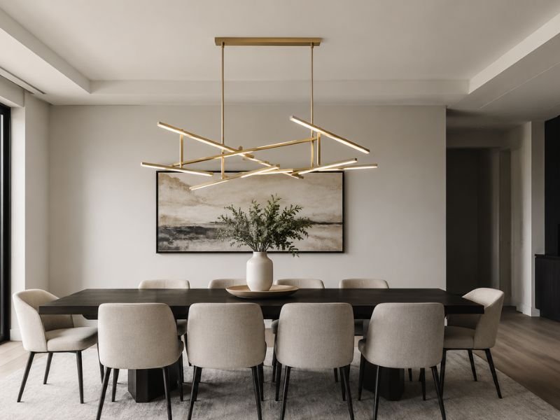 Modern geometric gold chandelier in contemporary dining room