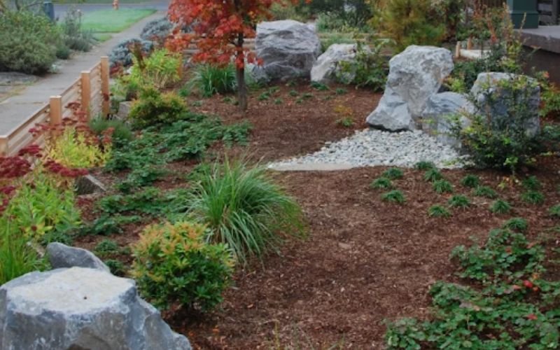 Modern gravel garden with boulders drought tolerant plants and natural pathways