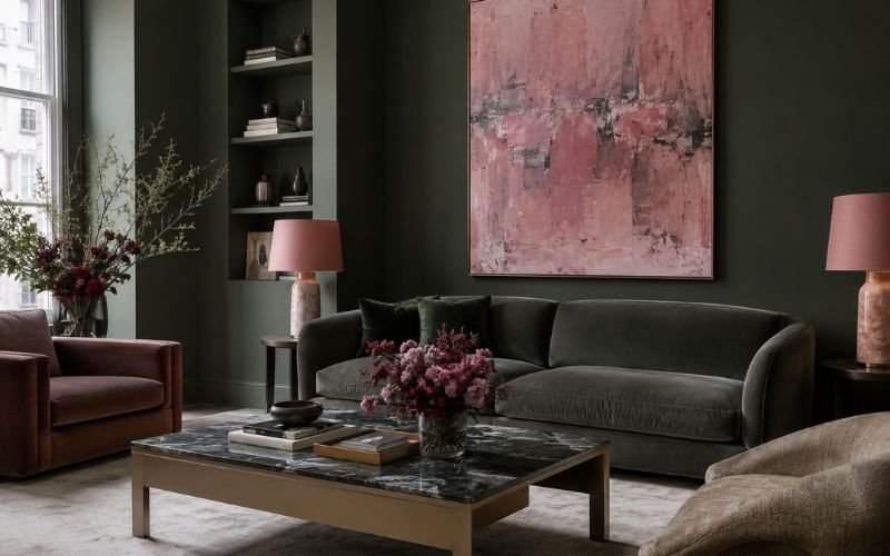 Dark green living room with pink abstract art