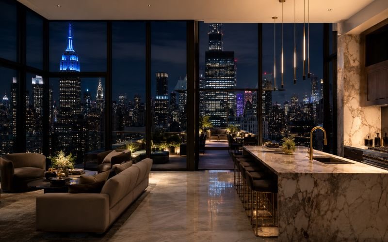 Luxury penthouse apartment interior with rooftop skyline views