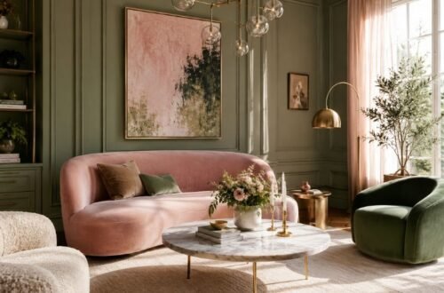 Luxury pink and green living room with blush velvet sofa and sage green walls