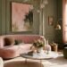 Luxury pink and green living room with blush velvet sofa and sage green walls