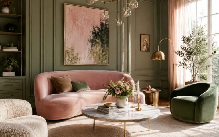 Luxury pink and green living room with blush velvet sofa and sage green walls