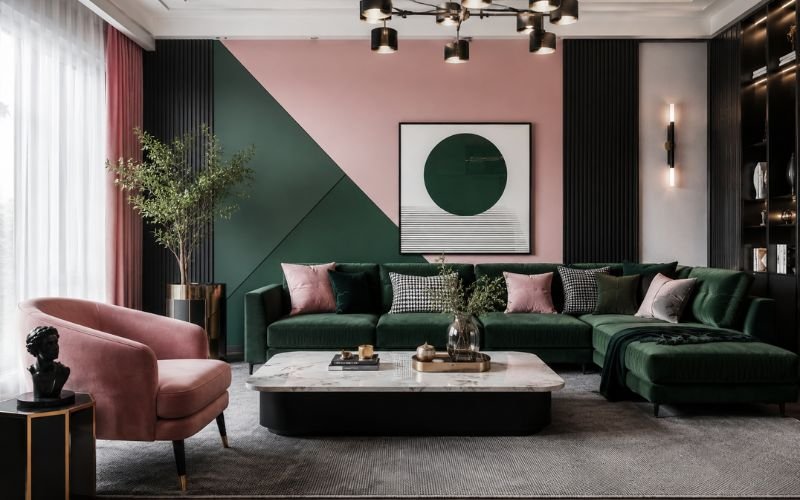 Modern pink and green living room design