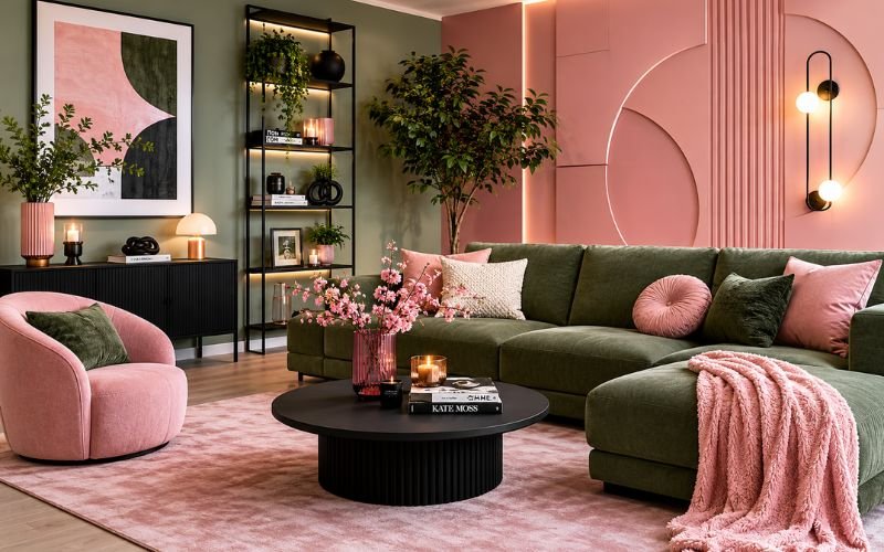 Modern pink and green minimalist living room