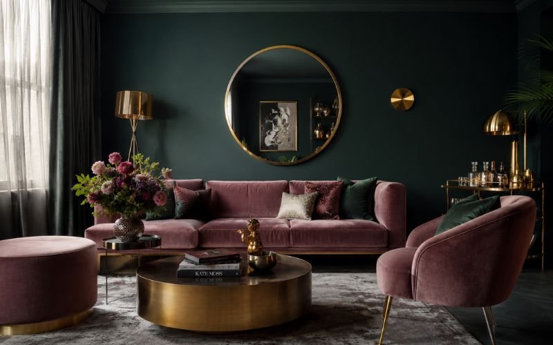 Moody green and mauve pink living room