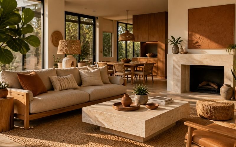 Luxury interior using natural materials and indoor plants