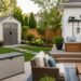 Modern backyard with outdoor storage shed, deck box, and patio storage solutions
