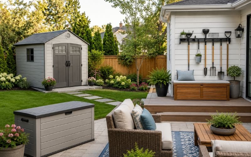 Modern backyard with outdoor storage shed, deck box, and patio storage solutions