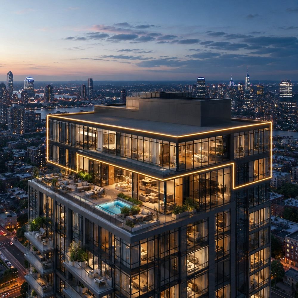 High-rise building with luxury penthouse on top floor
