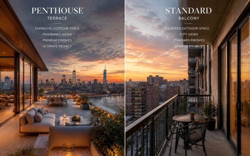Penthouse terrace vs apartment balcony comparison