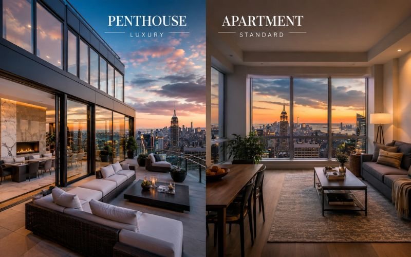 Penthouse vs apartment comparison showing luxury penthouse and modern apartment interiors