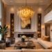 Elegant gold chandelier in a modern luxury living room