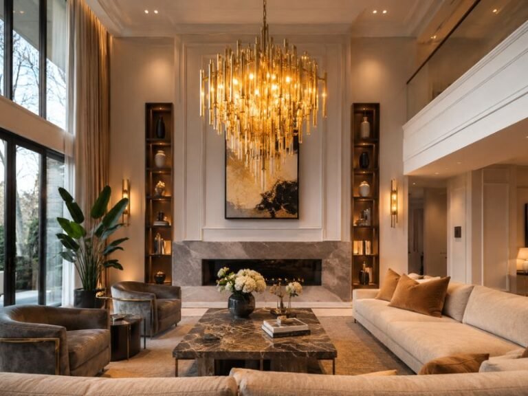 Elegant gold chandelier in a modern luxury living room