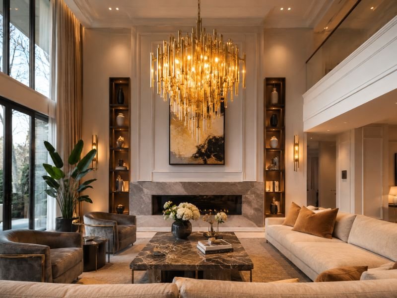 Elegant gold chandelier in a modern luxury living room