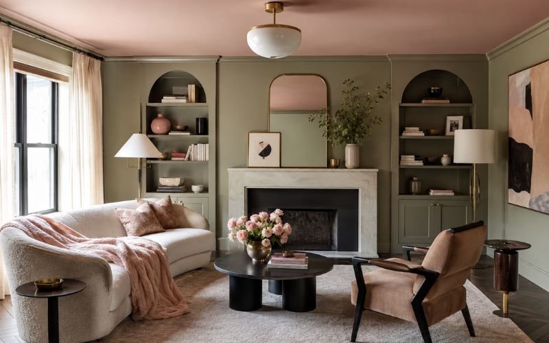 Pink ceiling and sage green living room