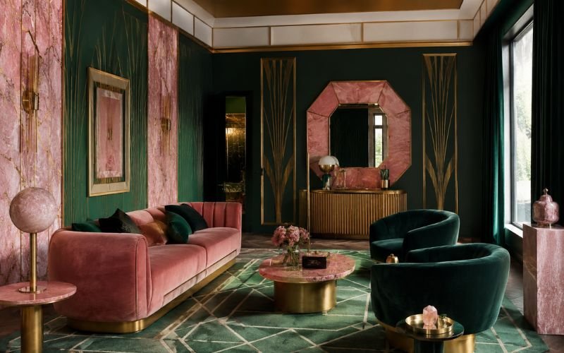 Art Deco pink and green living room