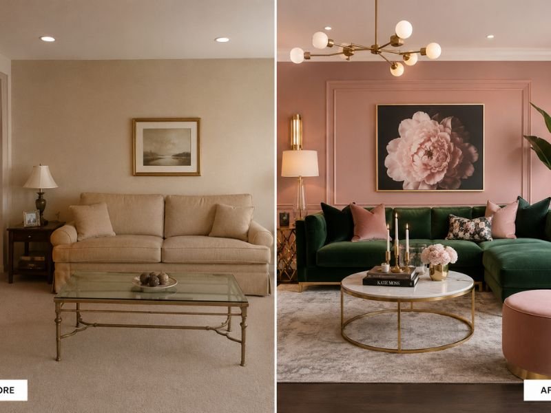 Before and after pink and green living room makeover