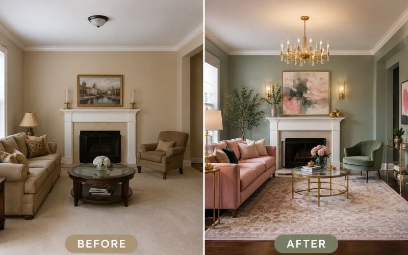 Before and after pink and green living room makeover