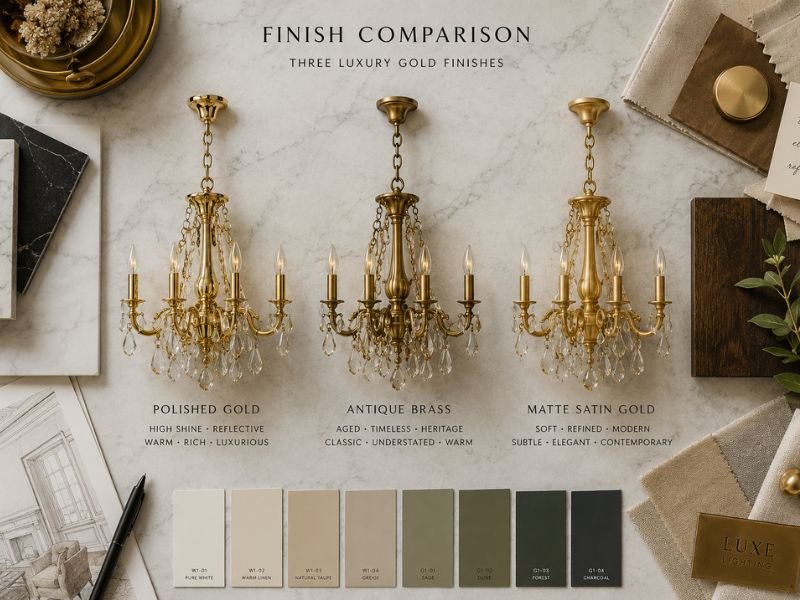 Comparison of polished gold antique brass and matte gold chandelier finishes