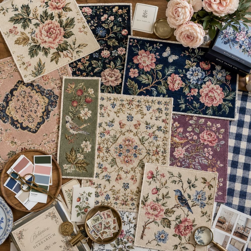 Floral and botanical rug pattern samples in soft vintage-inspired colors
