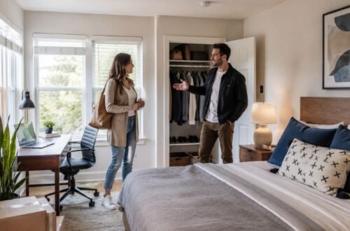 Young renter inspecting a furnished room before signing a rental agreement