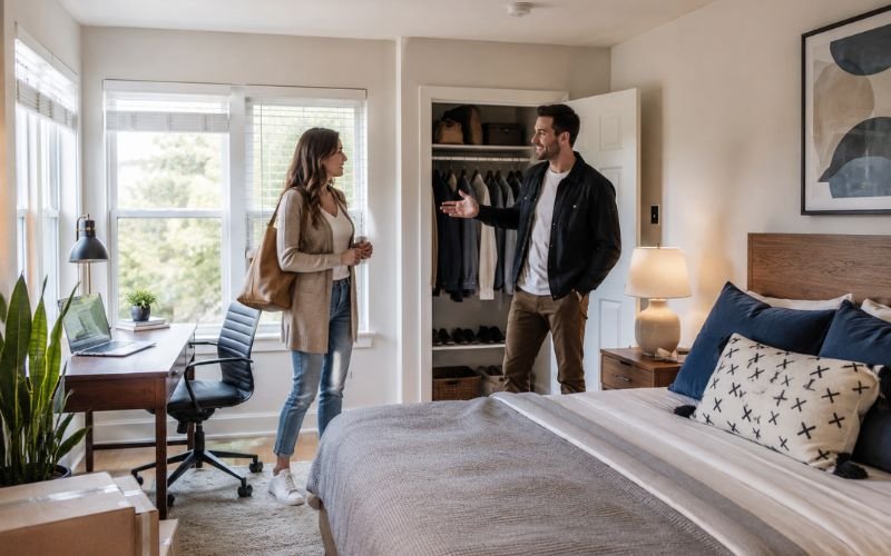 Young renter inspecting a furnished room before signing a rental agreement