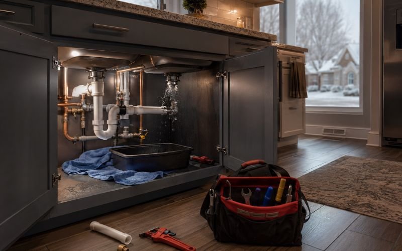 Burst pipe inside modern Abilene home during winter