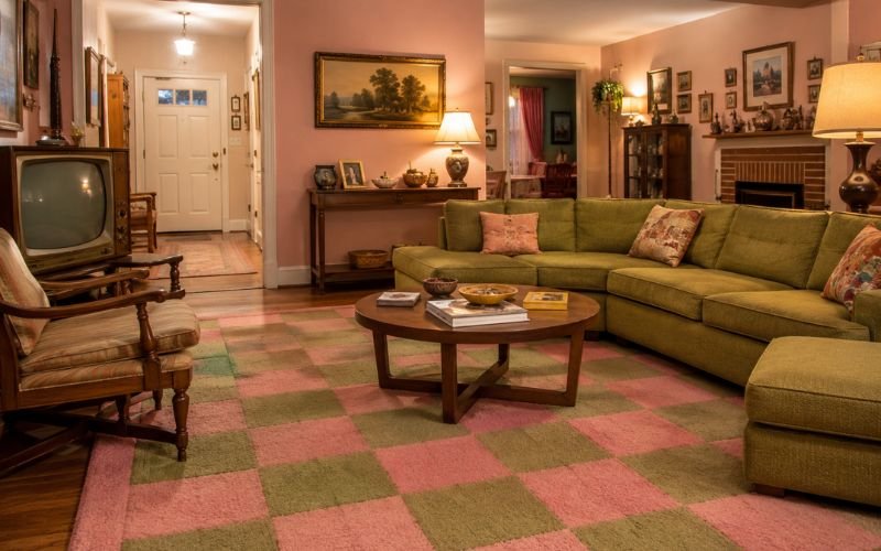 1970s avocado green and peach pink living room