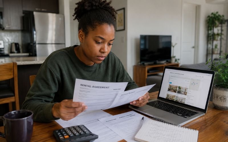 Renter reviewing lease agreement and room rental costs