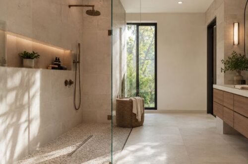 Modern bathroom with non-slip shower floor mosaic tile and linear drain