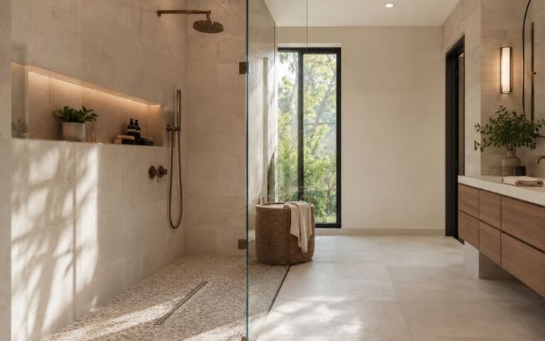 Modern bathroom with non-slip shower floor mosaic tile and linear drain