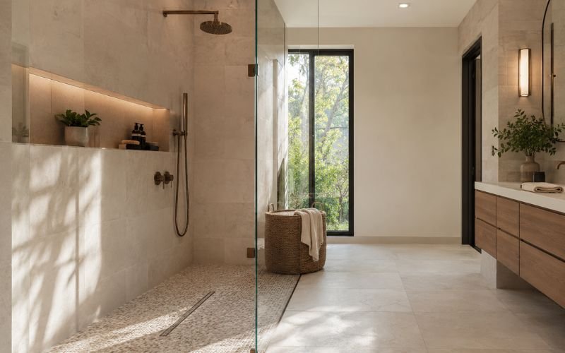 Modern bathroom with non-slip shower floor mosaic tile and linear drain