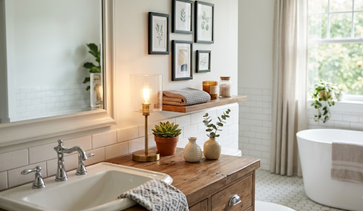 Bathroom decorated with plants candles and framed wall art