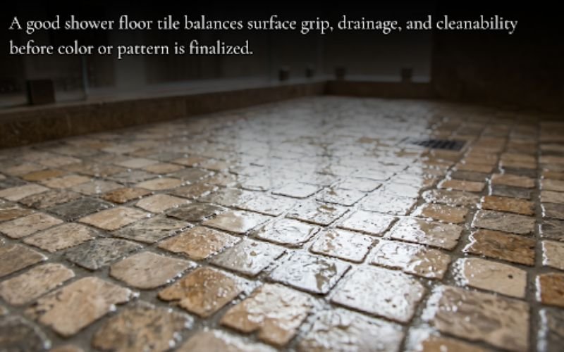 Wet textured mosaic shower floor tile showing proper grip and drainage in a modern bathroom