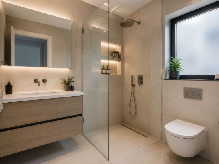 Small modern bathroom with floating vanity and space-saving design