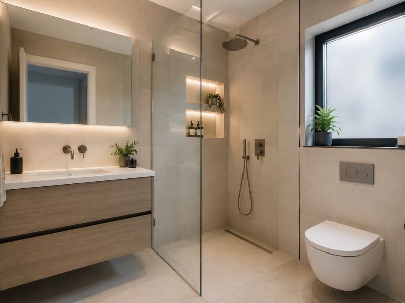 Small modern bathroom with floating vanity and space-saving design