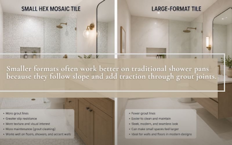 Comparison of small hex mosaic tile and large-format tile for modern shower floors