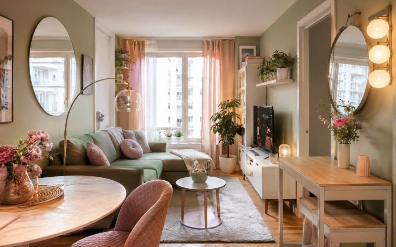 Small pink and green apartment living room