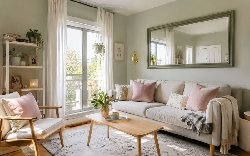 Small sage green and blush pink living room