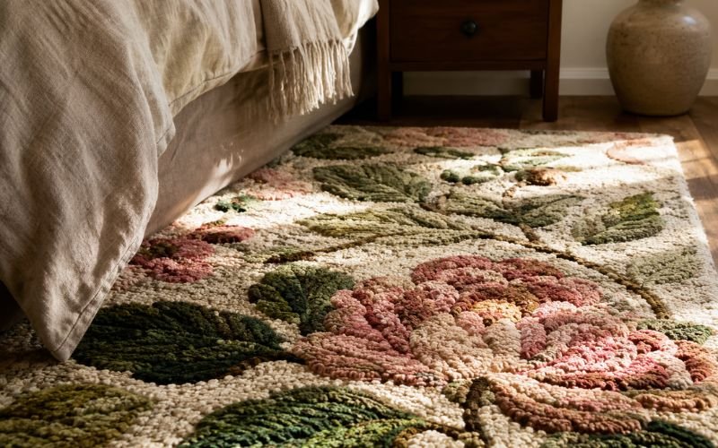 Close-up of a textured wool hooked floral rug in a cozy bedroom