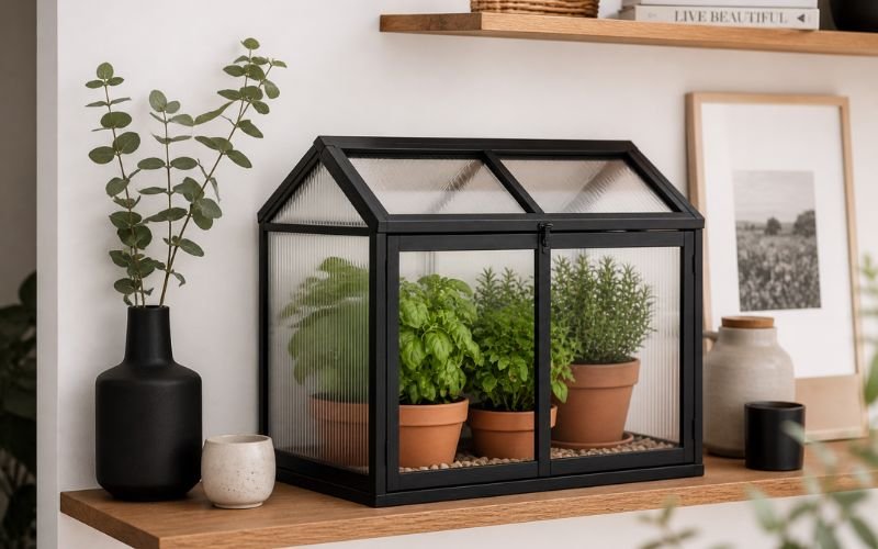 styled mini indoor greenhouse home decor