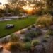 Modern backyard featuring 2026 landscaping trends including rewilding, robotic mowing, gravel gardens, and cozy outdoor living