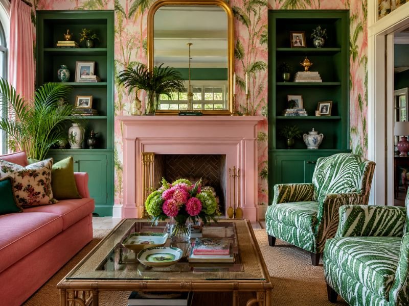 Tropical pink and green living room